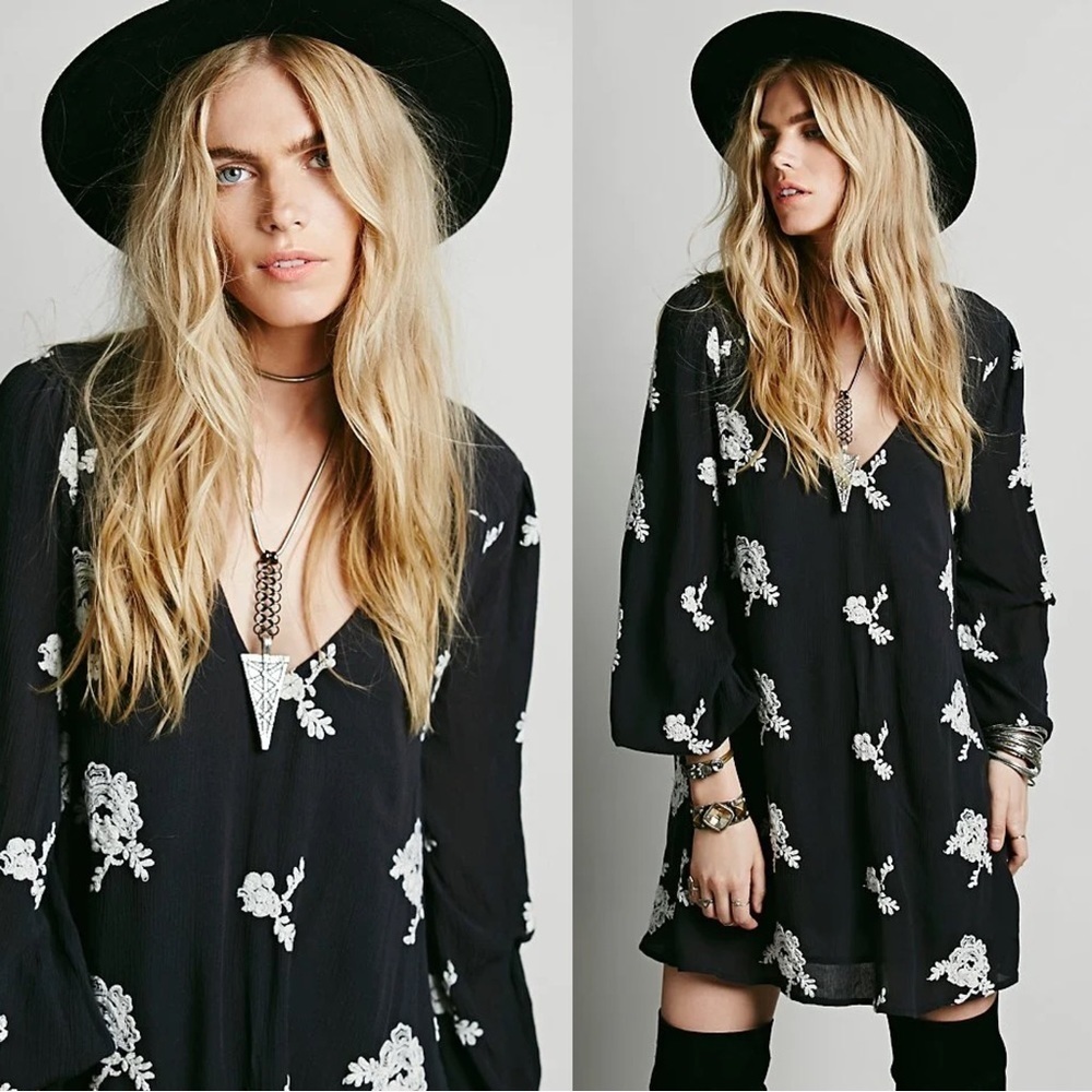 Free People • Embroidered Austin Mini Dress black cream floral flowy swing Emma